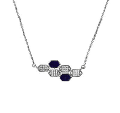 Hexagon Shape Dark Blue Lapis With Round Diamond White Gold Fancy Necklace