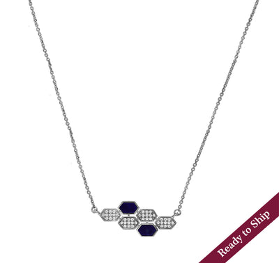 Hexagon Shape Dark Blue Lapis With Round Diamond White Gold Fancy Necklace