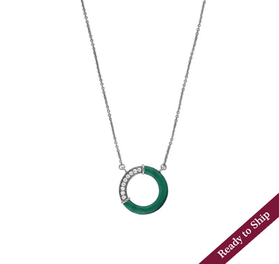 Circle Shape Half Green Malachite With Round Diamond Necklace