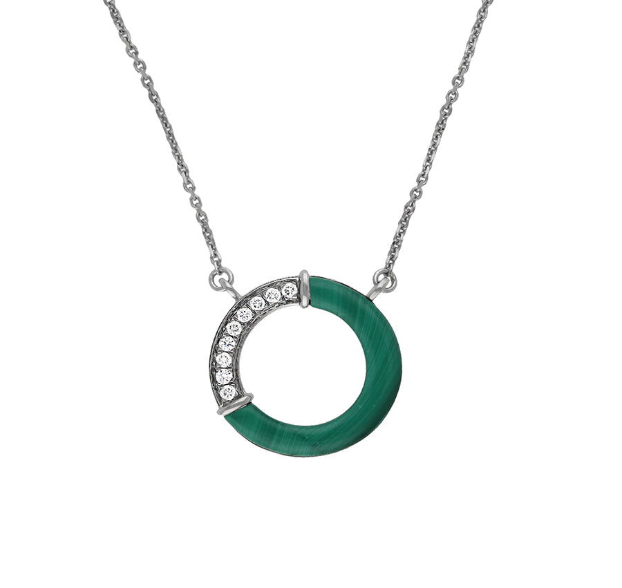 Circle Shape Half Green Malachite With Round Diamond Necklace