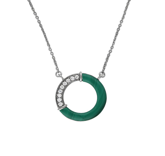 Circle Shape Half Green Malachite With Round Diamond Necklace
