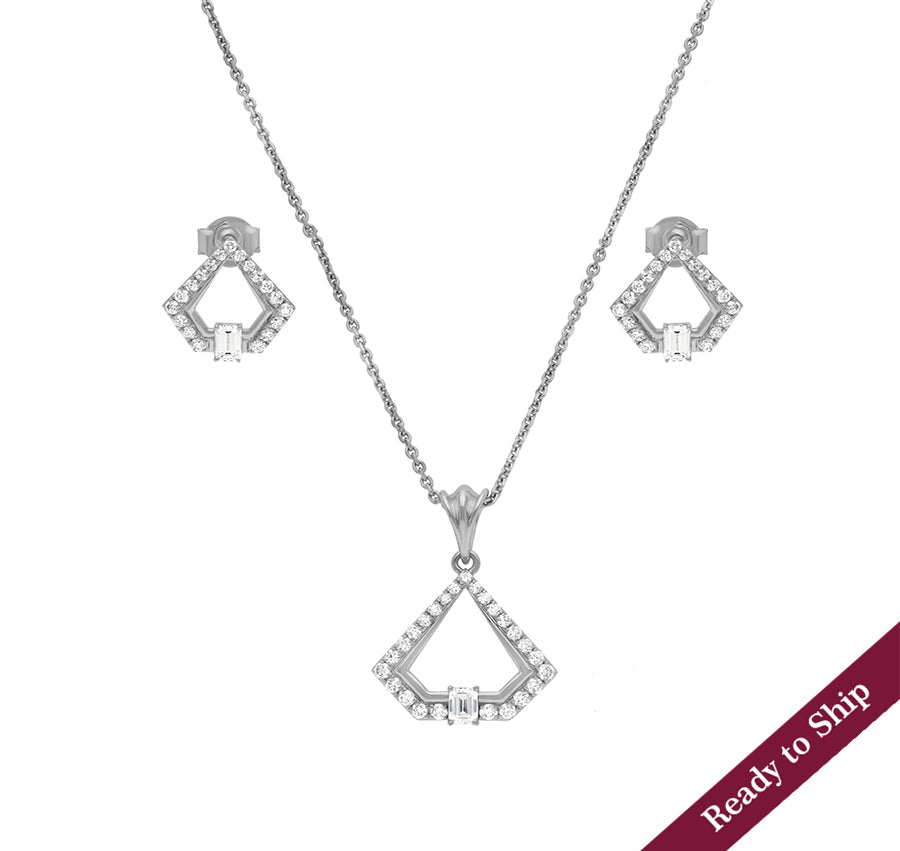 Center Emerald Cut and Round Natural Diamond With Prong Set White Gold Elegant Necklace Set