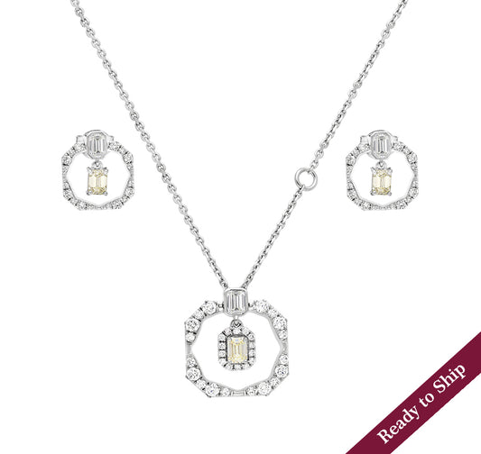 Octagon Shape Emerald & Round Diamond White Gold Necklace Set