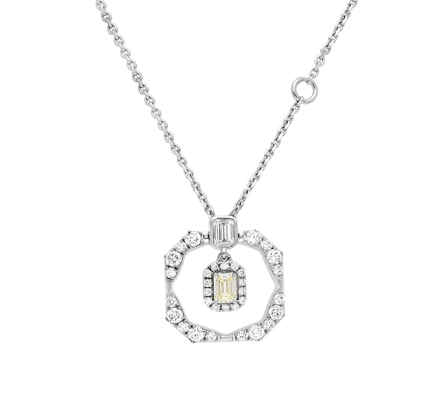 Octagon Shape Emerald & Round Diamond White Gold Necklace Set