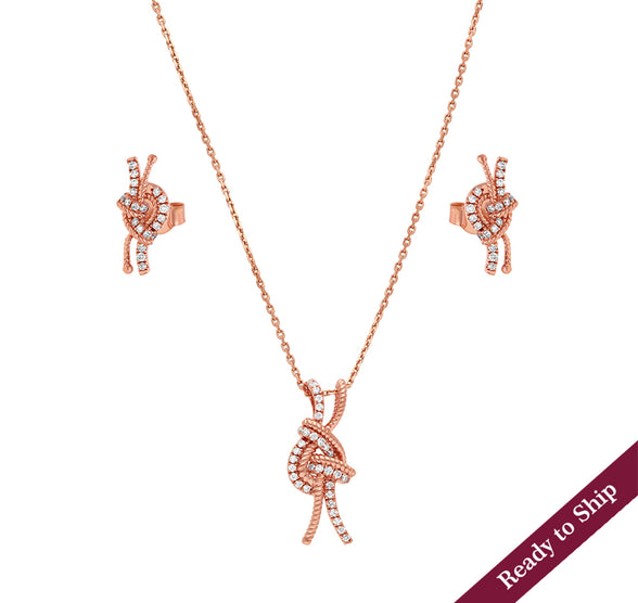 Knot Shape & Round Diamond Rose Gold Necklace Set