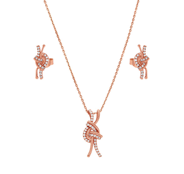 Knot Shape & Round Diamond Rose Gold Necklace Set