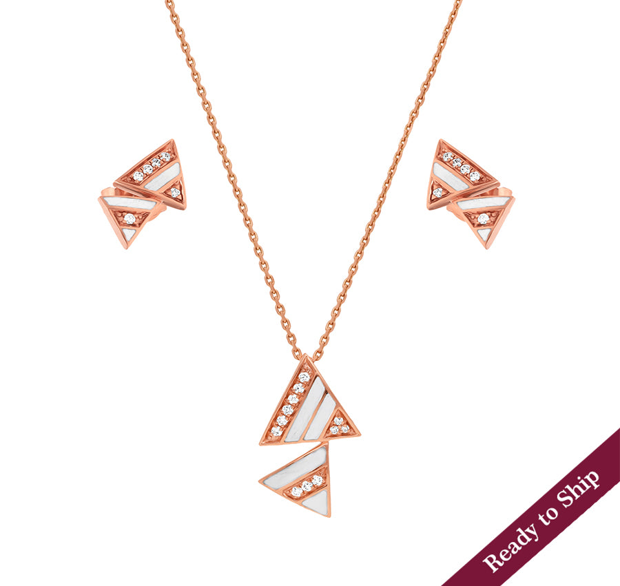 Dual Triangle With White Enamel Rose Gold Necklace Set