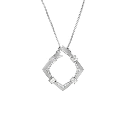 Rhombus Shape Round & Emerald Cut Diamond White Gold Necklace Set
