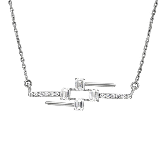 Round & Emerald Cut Diamond White Gold Dainty Necklace