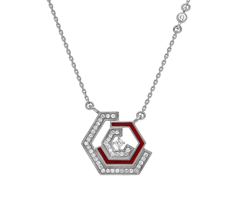 Hexagon Shape Red Enamel White Gold Diamond Necklace Set