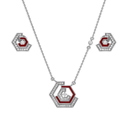 Hexagon Shape Red Enamel White Gold Diamond Necklace Set