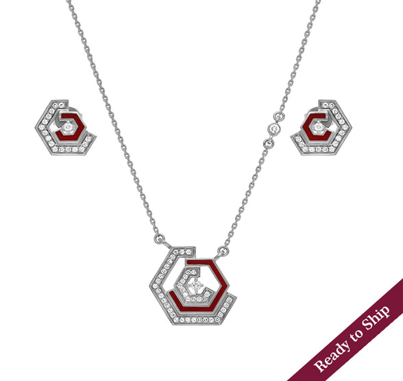 Hexagon Shape Red Enamel White Gold Diamond Necklace Set