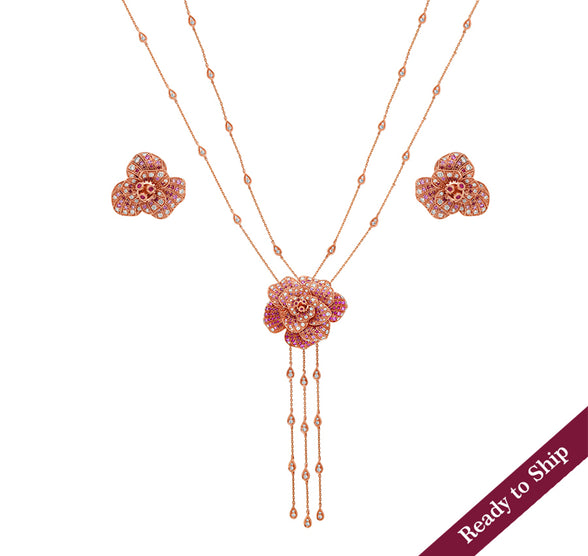 Blossom Flower Double Chain Set with  Ruby Diamond Rose Gold Necklace Set