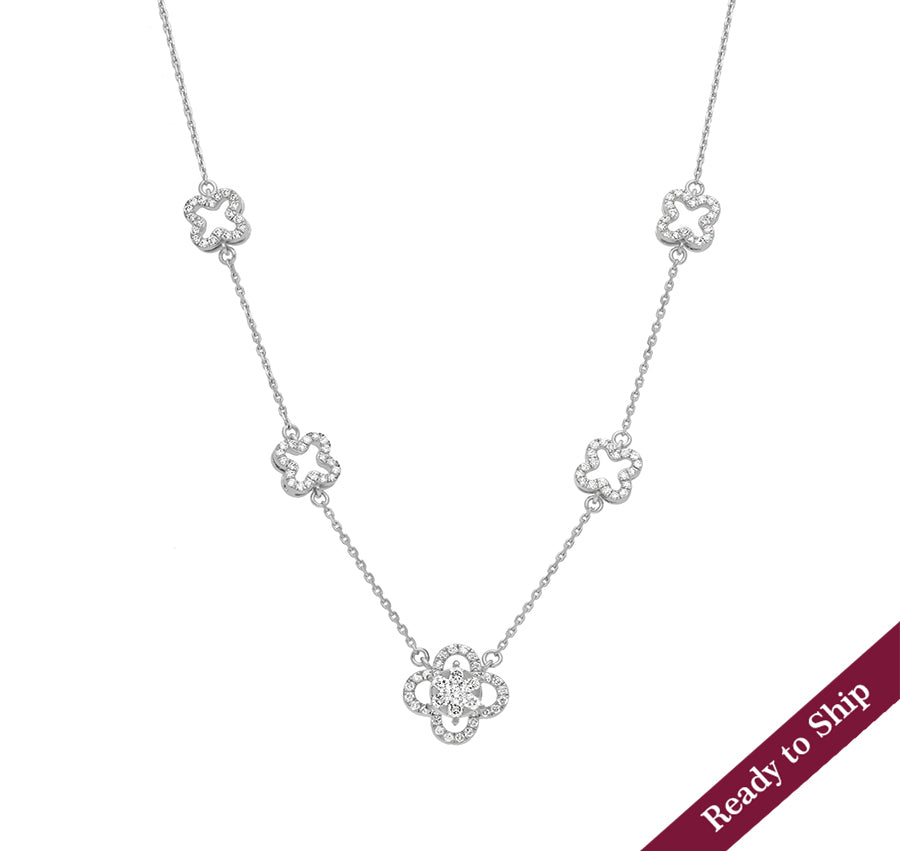 Clover Shape Round Diamond White Gold Necklaces