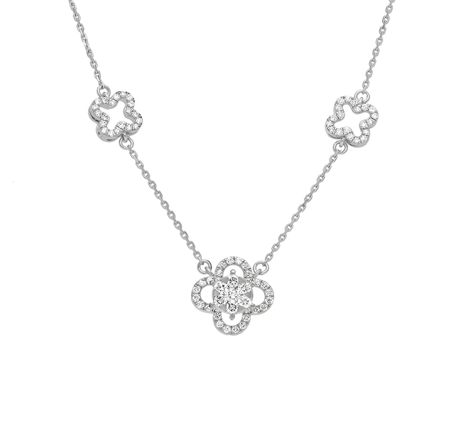Clover Shape Round Diamond White Gold Necklaces