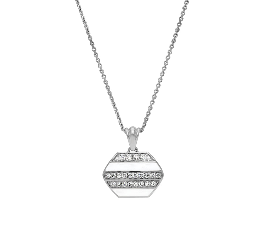 White Enamel with Round Natural Diamond White Gold Necklace Set