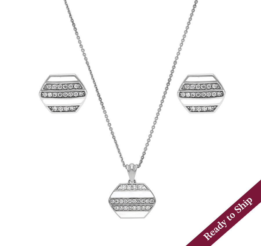 Hexagon Shape White Enamel With Round Natural Diamond White Gold Pendant Set