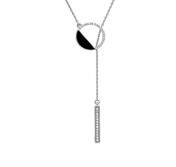 Round Shape Pendant Black Enamel White Gold Necklace