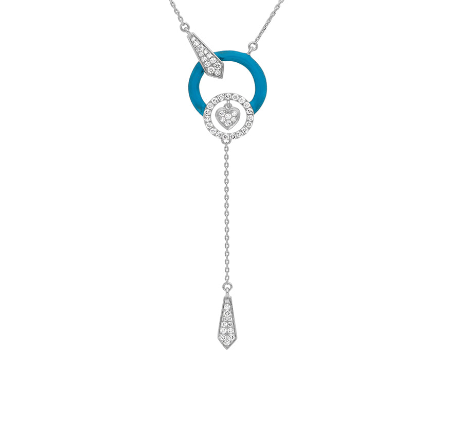 Sky Blue Enamel With Dangle Chain Pave Setting Round Diamond White Gold Necklace