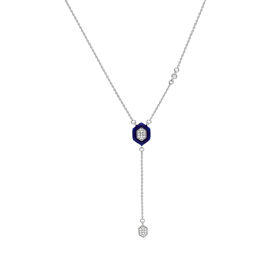 Hexagon Shape With Dark Blue Enamel Dangle Chain White Gold Necklace