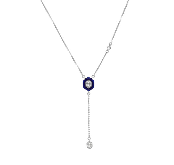 Hexagon Shape With Dark Blue Enamel Dangle Chain White Gold Necklace