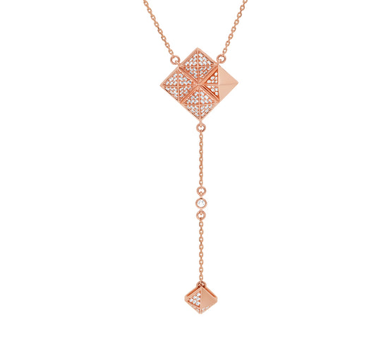 Rhombus Shape Pendant With Round Diamond Rose Gold Necklace Set