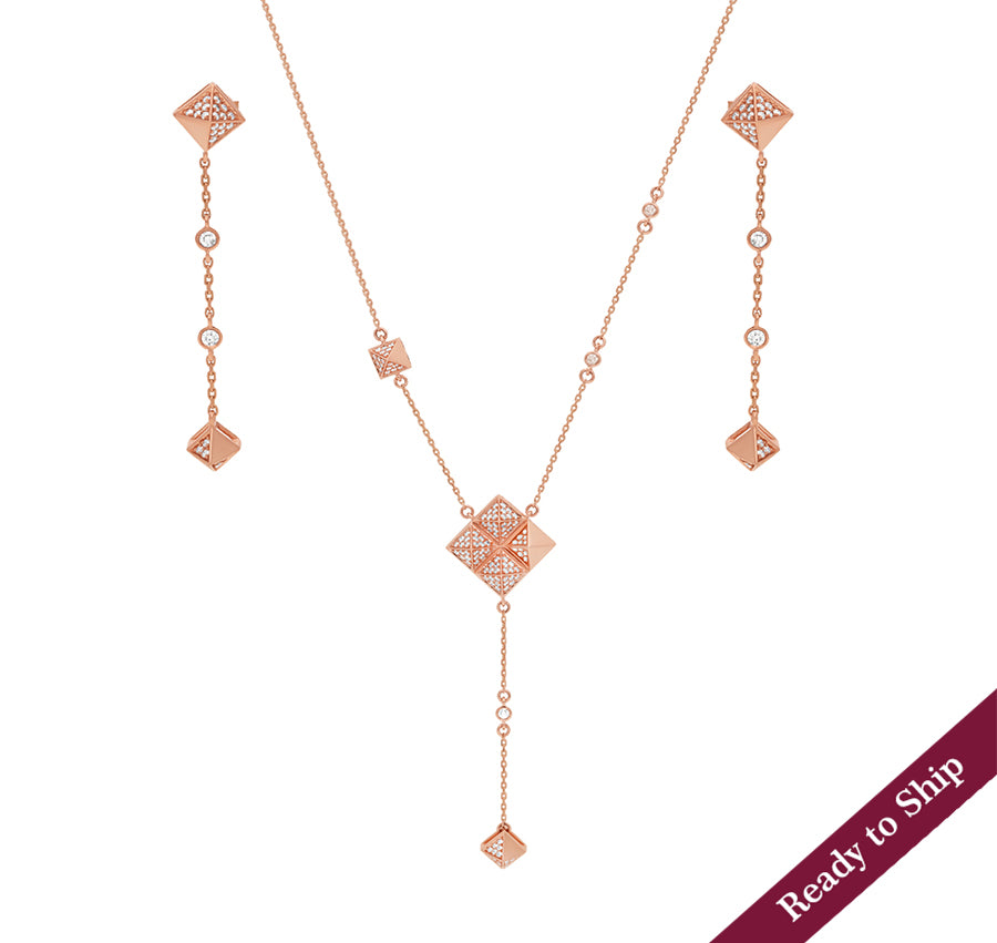 Rhombus Shape Pendant With Round Diamond Rose Gold Necklace Set