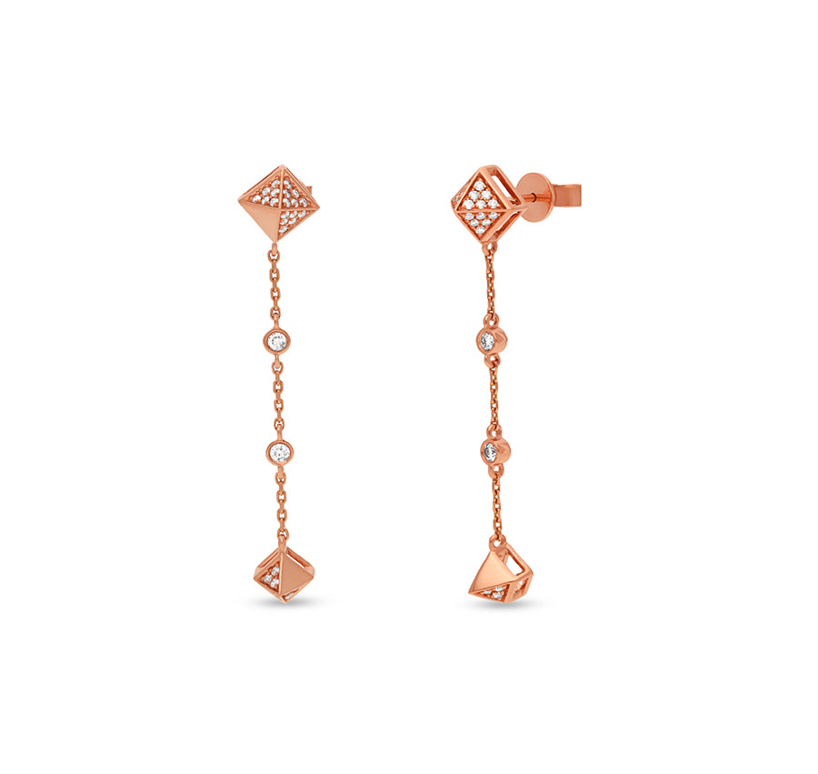 Rhombus Shape Pendant With Round Diamond Rose Gold Necklace Set