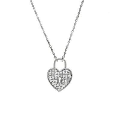 Heart Lock Shape Pendant Round Cut Diamond White Gold Necklace Set