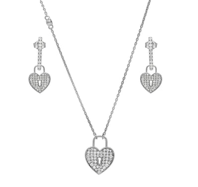 Heart Lock Shape With Round Cut Diamond White Gold Necklace Set