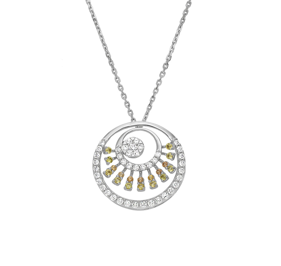 Round Shape Pendant With Round Orange and Yellow Sapphire Diamond White Gold Necklace