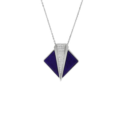 Rhombus Shape Dark Blue Lapis Round Cut Diamond White Gold Necklace Set