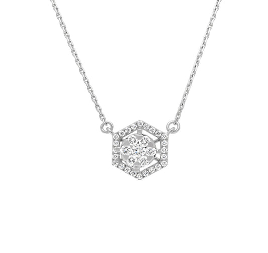 Hexagon Shape With Round Cut Diamond White Gold Necklace