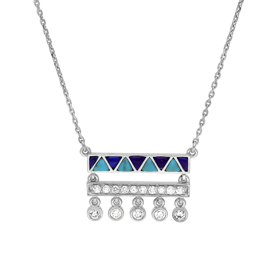 Rectangle Shape With Turquoise and Lapis Drop Round Diamond White Gold Necklace Set