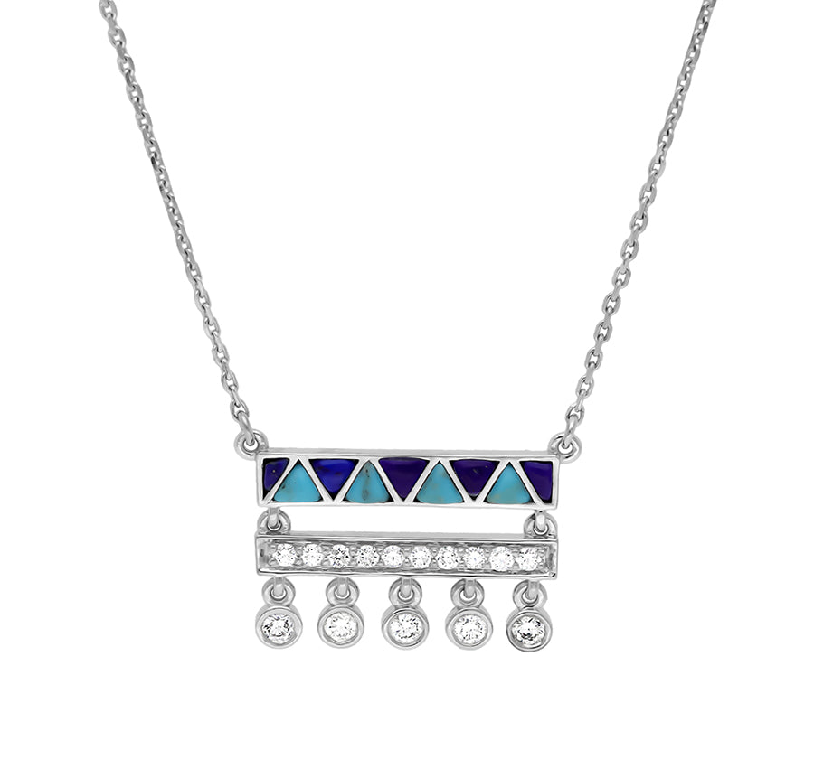 Rectangle Shape Pendant With Turquoise and Lapis Drop Round Diamond White Gold Necklace Set