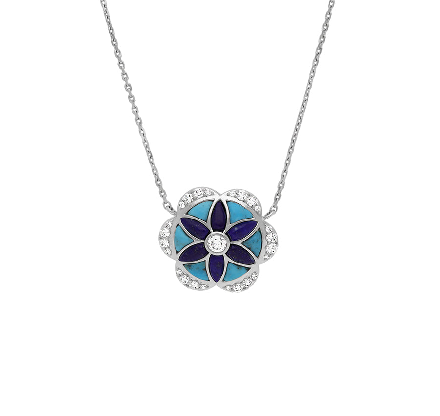 Flower Shape Pendant Turquoise and Lapis With Round Diamond White Gold Necklace Set