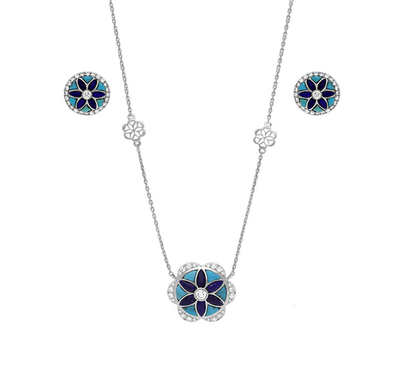 Flower Shape Turquoise and Lapis With Round Diamond White Gold Necklace Set