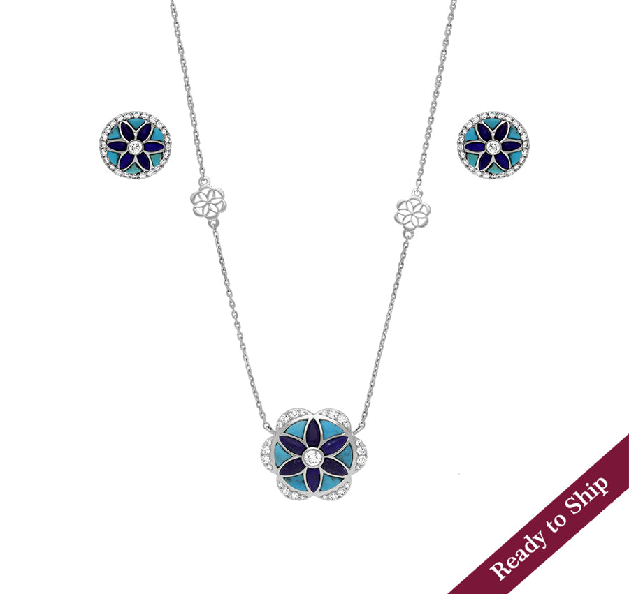 Flower Shape Pendant Turquoise and Lapis With Round Diamond White Gold Necklace Set