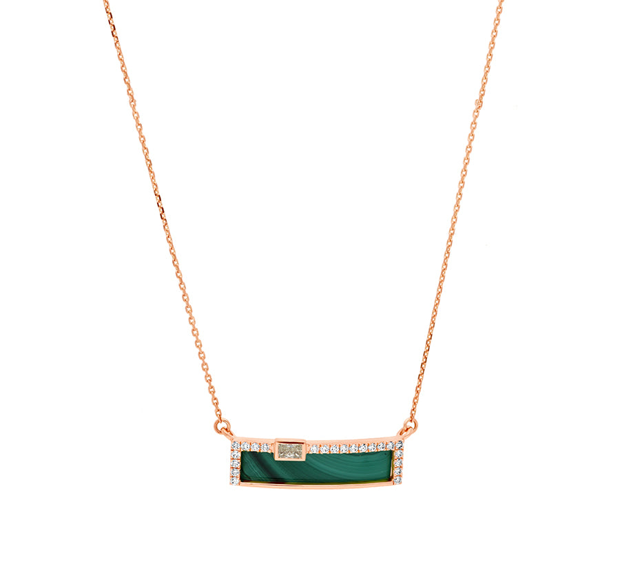 Rectangle Shape Green Malachite Emerald Cut Diamond Rose Gold Necklace