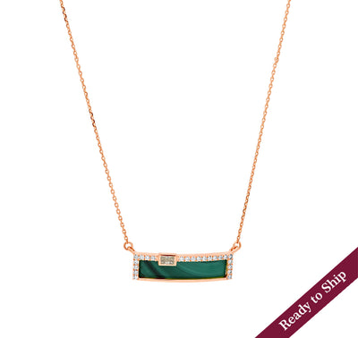 Rectangle Shape Green Malachite Emerald Cut Diamond Rose Gold Necklace