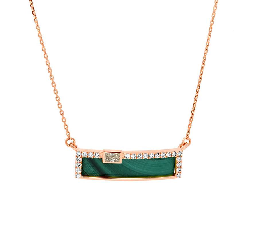 Rectangle Shape Green Malachite Emerald Cut Diamond Rose Gold Necklace