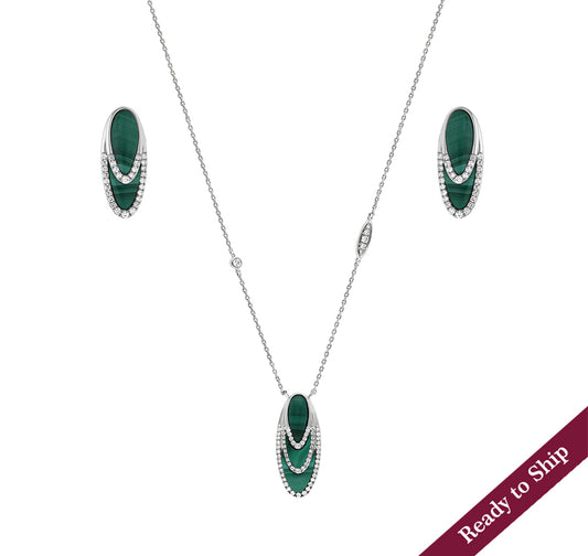 Oval Shape Green Malachite White Gold Diamond Necklace Set