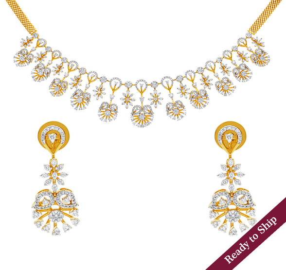 Ethereal Floral Shape Round Natural Diamond With Prong and Pressure Set Yellow Gold Necklace Set