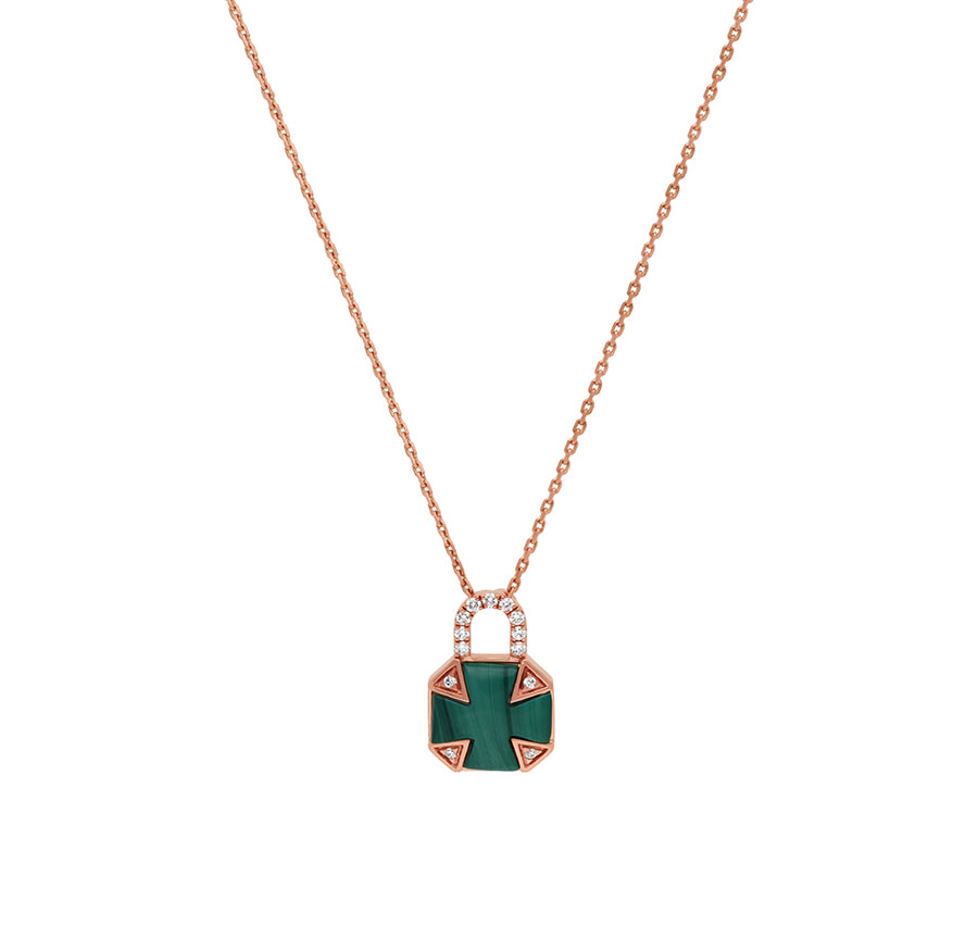 Mini Padlock Malachite Round Diamond Rose Gold Necklace