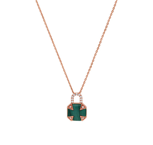 Mini Padlock Malachite Round Diamond Rose Gold Necklace