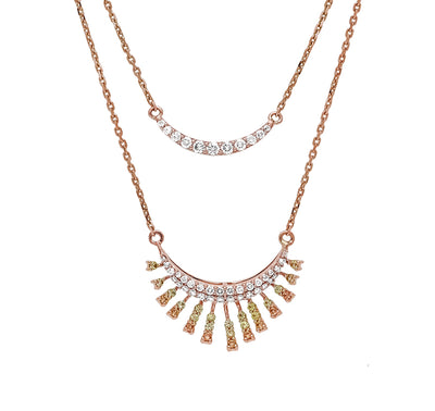 Double Strand Round Yellow and Orange Sapphire Diamond Rose Gold Necklace