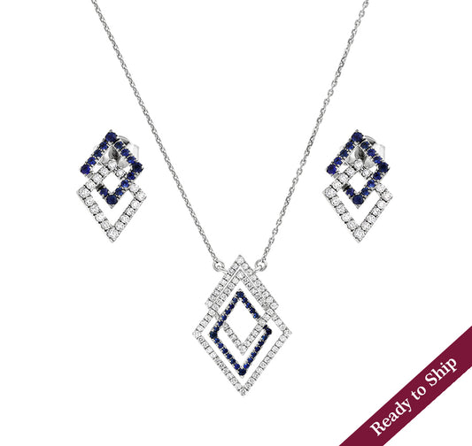 Sparky Rhombus Round & Blue Diamond White Gold Necklace