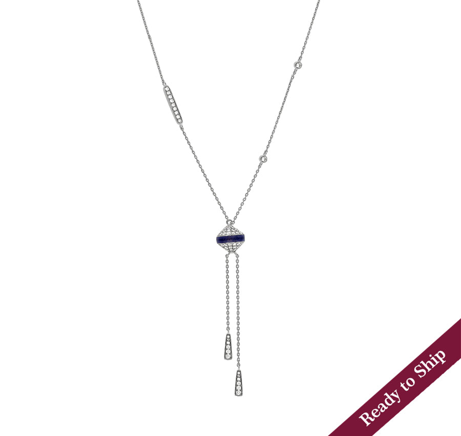 Round Diamond Dark Blue Enamel White Gold Necklace