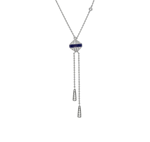 Round Diamond Dark Blue Enamel White Gold Necklace