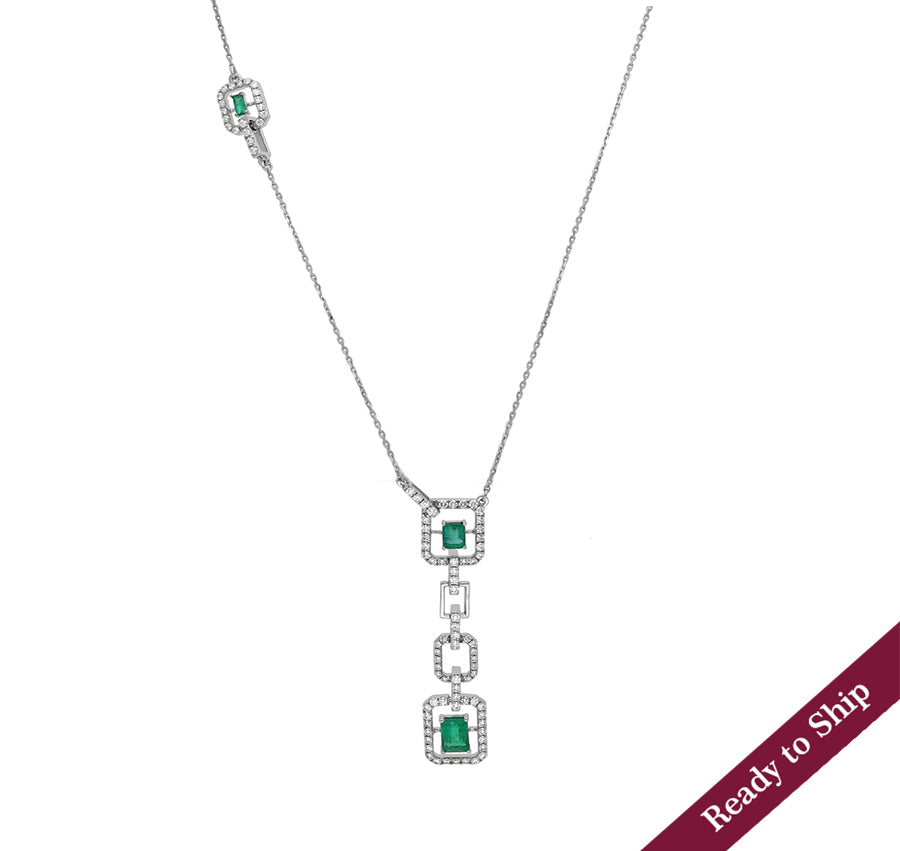 Green Emerald Cut With Round Natural Diamond White Gold Necklace